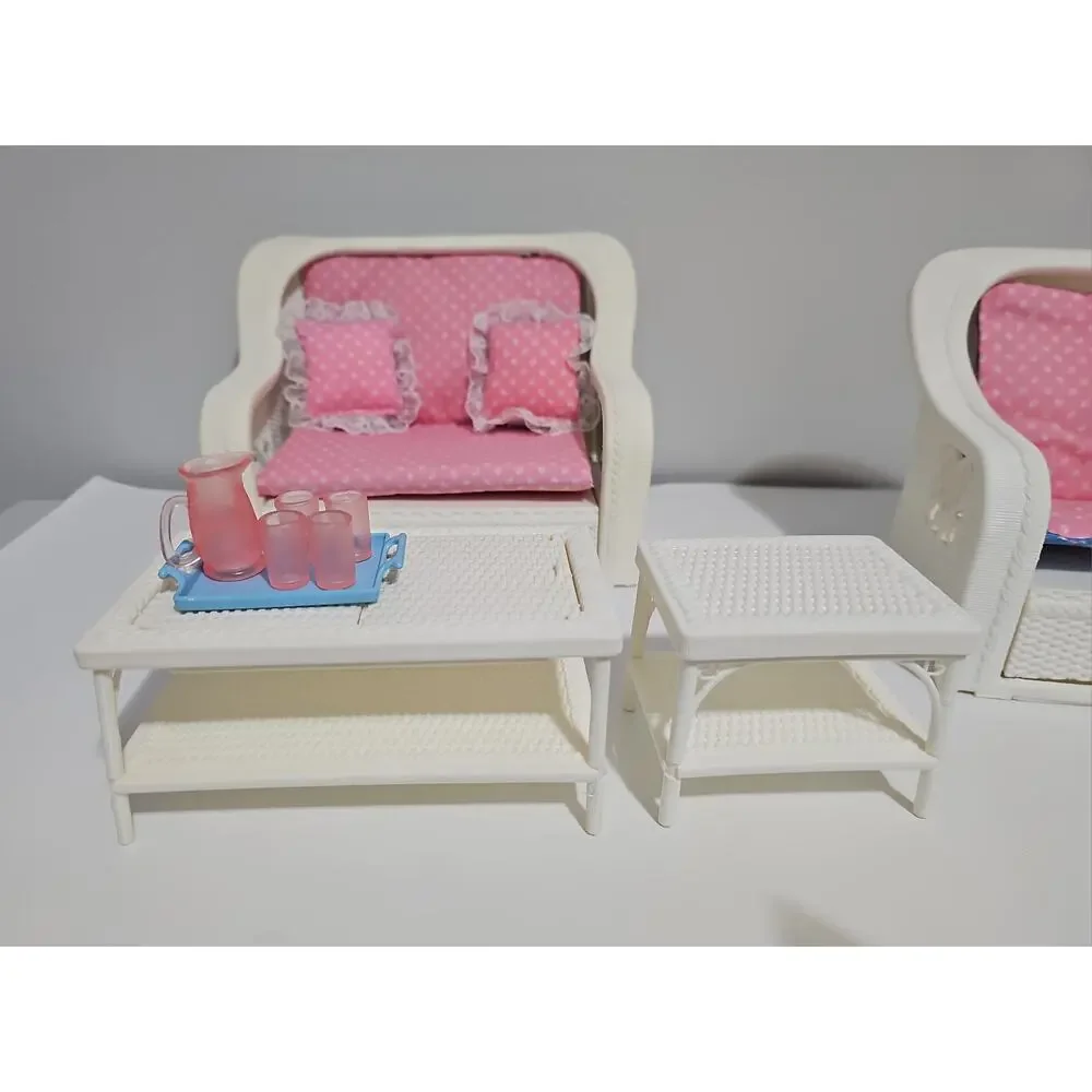 Vintage Barbie Wicker Living Room Set Couch Table Chair Furniture Mattel 1983